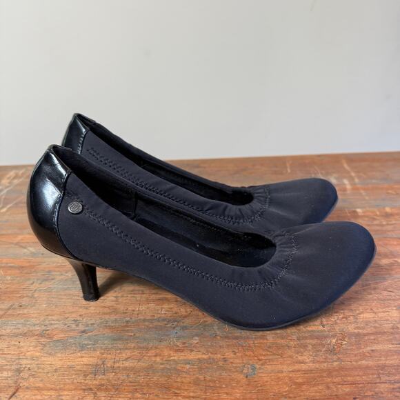 Dana Buchman Marant Black Kitten Heel Pump SZ 7 Stretch Sock Fabric Patent - Picture 2 of 11